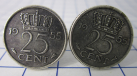 Manchetknopen verzilverd kwartje / 25 cent 1955