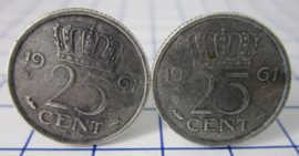 Manchetknopen verzilverd kwartje / 25 cent 1961