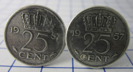 Manchetknopen verzilverd kwartje / 25 cent 1957