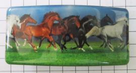HAR508 Haarspeld rechthoek 8 cm kleurige galopperende paarden op gras, made in France haarschuif