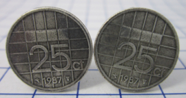 Manchetknopen verzilverd kwartje/25 cent 1987