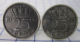 Manchetknopen verzilverd kwartje / 25 cent 1960