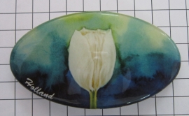 Haarspeld ovaal HAO 8cm 308 witte tulp blauwe achtergrond, made in France haarclip, beste kwaliteit, klemt uitstekend.