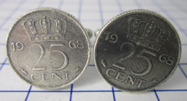 Manchetknopen verzilverd kwartje / 25 cent 1968