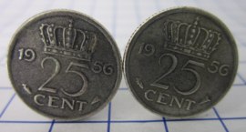 Manchetknopen verzilverd kwartje / 25 cent 1956