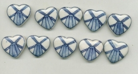 4 kralen Delftsblauw plat hart met handgeschilderde molen