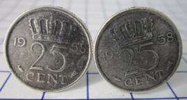 Manchetknopen verzilverd kwartje / 25 cent 1958