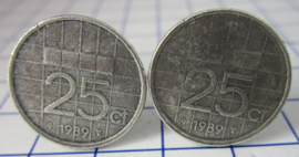 Manchetknopen verzilverd kwartje/25 cent 1989
