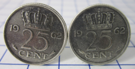 Manchetknopen verzilverd kwartje / 25 cent 1962