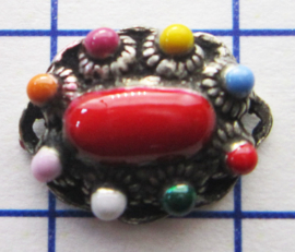ZB014-MC ovaal zeeuws knoopje met twee kleine oogjes verzilverd met vrolijke  multi colour emaille