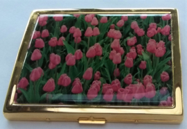 Sigarettendoosje van messing en verguld met echt laagje goud roze tulpen