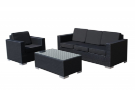 3-delige wicker Loungeset 'Salamanca' zwart - plat vlechtwerk - 4 persoons