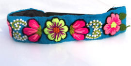 Haarband licht blauw met bloemen