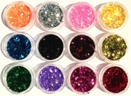 glitter acryl hexagoon 1mm (in opbergdoosje)