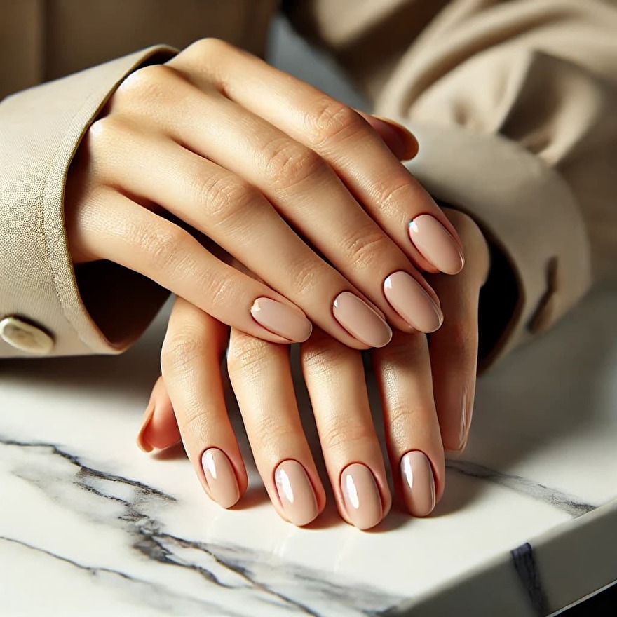 Close-up van natuurlijke nagels met een BIAB (Builder in a Bottle) nude finish, rustend op een marmeren tafel met een moderne en minimalistische uitstraling.