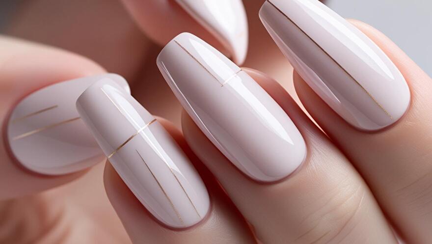 Close-up van builder gel nagels in nude kleur met subtiele nail art en een glanzende afwerking.