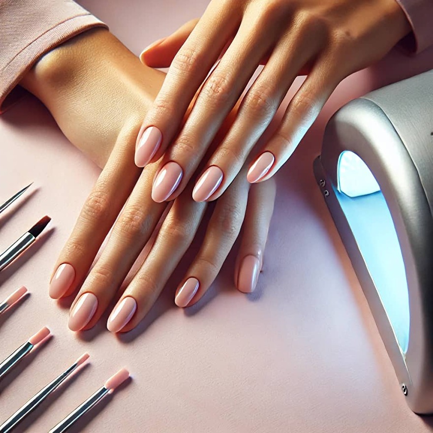 Close-up van vrouwelijke handen met roze gellak op de nagels, glanzende afwerking, tegen een pastel achtergrond met een flesje gellak en UV-lamp.