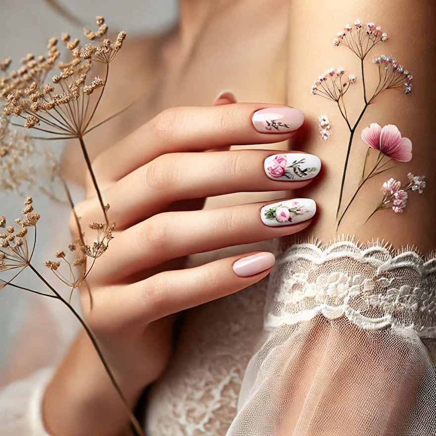Hand met elegante nagelstickers in bloemenprint, een stijlvolle keuze voor mooie en verzorgde nagels.