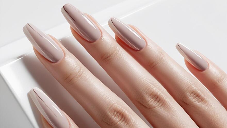 Close-up van een hand met polygel gel in een zachte nude tint. De gel heeft een glanzende afwerking en de nagels zijn zorgvuldig gevormd, wat zorgt voor een strakke, verzorgde uitstraling.