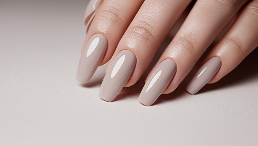 Close-up van een hand met minimalistische gelnagels in een nude kleur met een glanzende afwerking, tegen een lichte achtergrond.