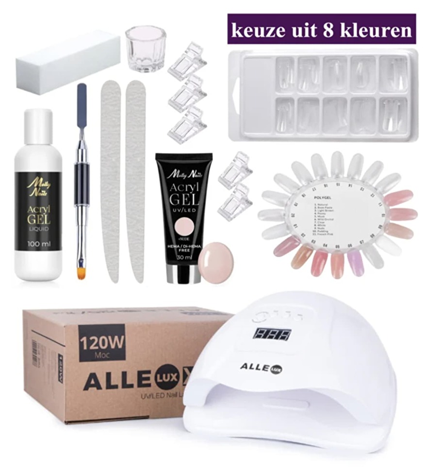 Foto van een Polygel starterset, inclusief Polygel gel, nageltools en een UV/LED-lamp. De set biedt alles wat je nodig hebt om professionele nagels thuis te creëren, van gel tot het juiste gereedschap en verlichting.