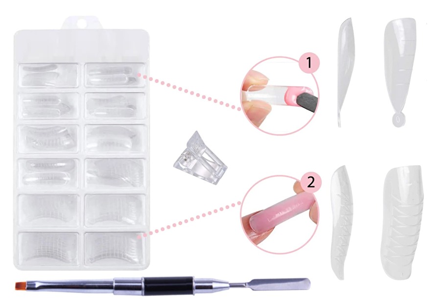 Foto van Polygel tools, waaronder dual forms, een penseel en een klem. Deze essentiële tools helpen bij het precisiewerk en het modelleren van perfecte Polygel nagels, ideaal voor zowel beginners als professionals.