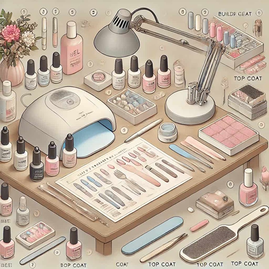 Illustratie van een stappenplan voor het zetten van gelnagels thuis, met alle benodigde tools zoals een UV-LED lamp, nagelvijlen, builder gel, en top coat in een overzichtelijke en stijlvolle setting.