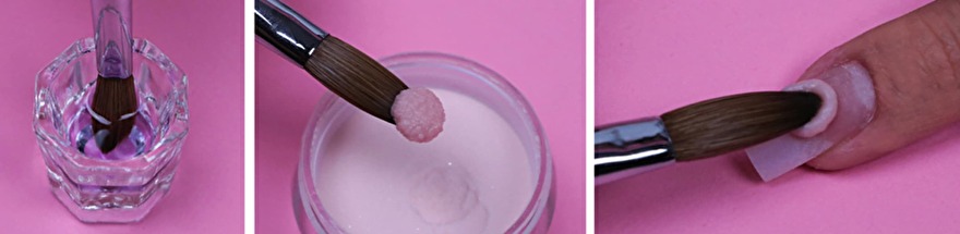 Acryl liquid wordt gemengd met acryl poeder om een bolletje acryl te vormen voor het modelleren van de nagel.