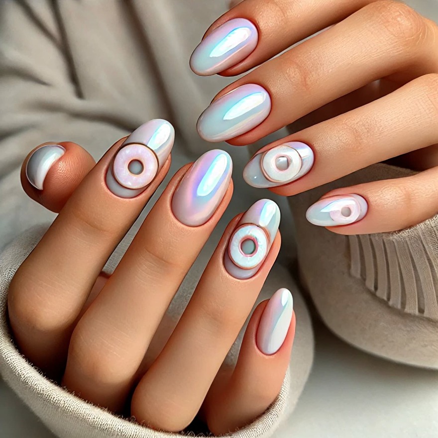 Glazed donut nagels geïnspireerd door Hailey Bieber, met een glanzende en parelmoerachtige afwerking.