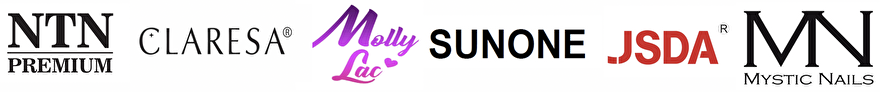 Logo's van nagelmerken: NTN, Molly Lac, Claresa, Mystic Nails, Sunone