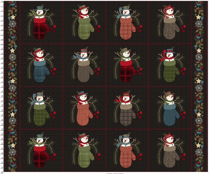 Maywood Studio Holly Jolly flannel || quiltpanel met sneeuwpoppen in handschoen