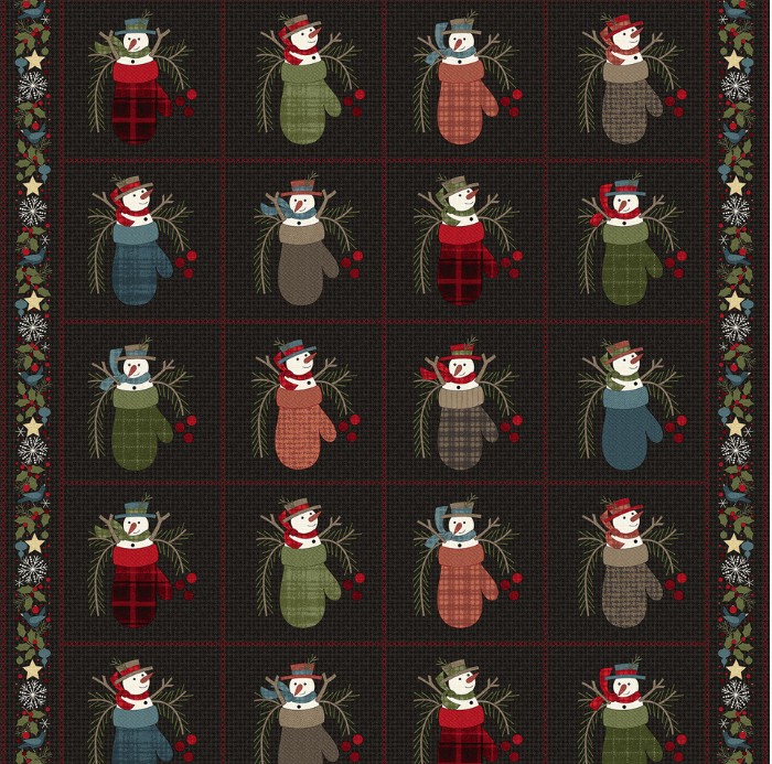 Maywood Studio Holly Jolly flannel || quiltpanel met sneeuwpoppen in handschoen