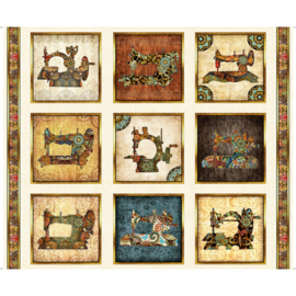 Panel stof met antieke naaimachines