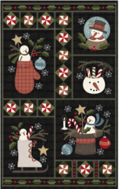 Snowdays flannel van Bonnie Sullivan panel met sneeuwpoppen, kestgroen, wintersfeer
