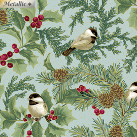 Quiltstof Festive Chickadees 4742M52 quilstof met vogel op dennetakje met rode besjes