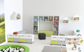Boekenkast / leeshoek GROOT of KLEIN / NATUUR of WIT (met poef/leesbank in 3 kleuren)