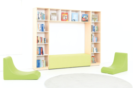 Boekenkast / leeshoek GROOT of KLEIN / NATUUR of WIT (met poef/leesbank in 3 kleuren)