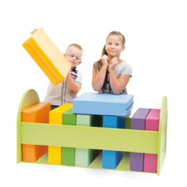 Set van 10 vierkante zitkussens (multikleuren) in opbergmeubel