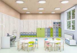 Kleine kinderopvang kast met 18 opberglades of 12 opbergboxen