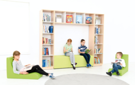 Boekenkast / leeshoek GROOT of KLEIN / NATUUR of WIT (met poef/leesbank in 3 kleuren)