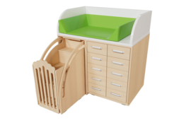 Aankleedmeubel / commode kinderopvang "WIT" of "BERKEN" (met aankleedkussen en verschuifbare trap)