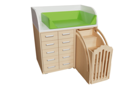 Aankleedmeubel / commode kinderopvang "WIT" of "BERKEN" (met aankleedkussen en verschuifbare trap)