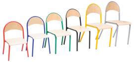 Kinderopvang stoelen hout/metaal "modern" (in 6 maten en 7 kleuren)