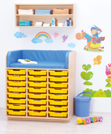 Verschoontafel / commode kinderopvang met 24 opberglades (en aankleedkussen)
