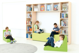 Boekenkast / leeshoek GROOT of KLEIN / NATUUR of WIT (met poef/leesbank in 3 kleuren)