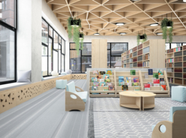 Kinderopvang boekenkast met planken van stof