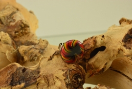 Zilverkleurige verstelbare ring met ronde ringtop geel, rood en zwarte spiraal