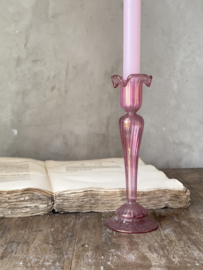 Mouth blown pink glass candle stick