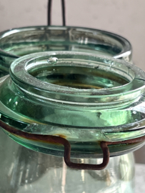 Oude hoge antieke groen glazen weckpot   PAX glas