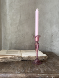 Mouth blown pink glass candle stick